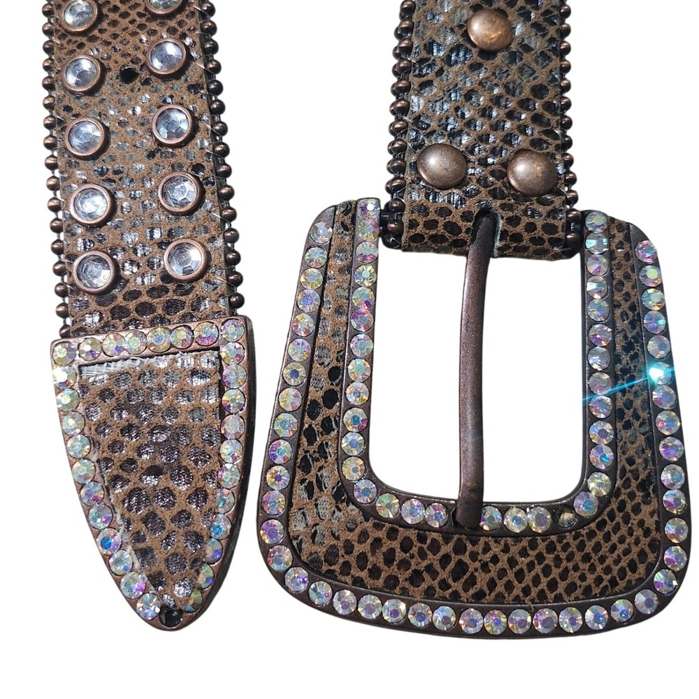 Genuine Leather Rhinestone Belt Womens M/L Brown Snakeskin Western Studded